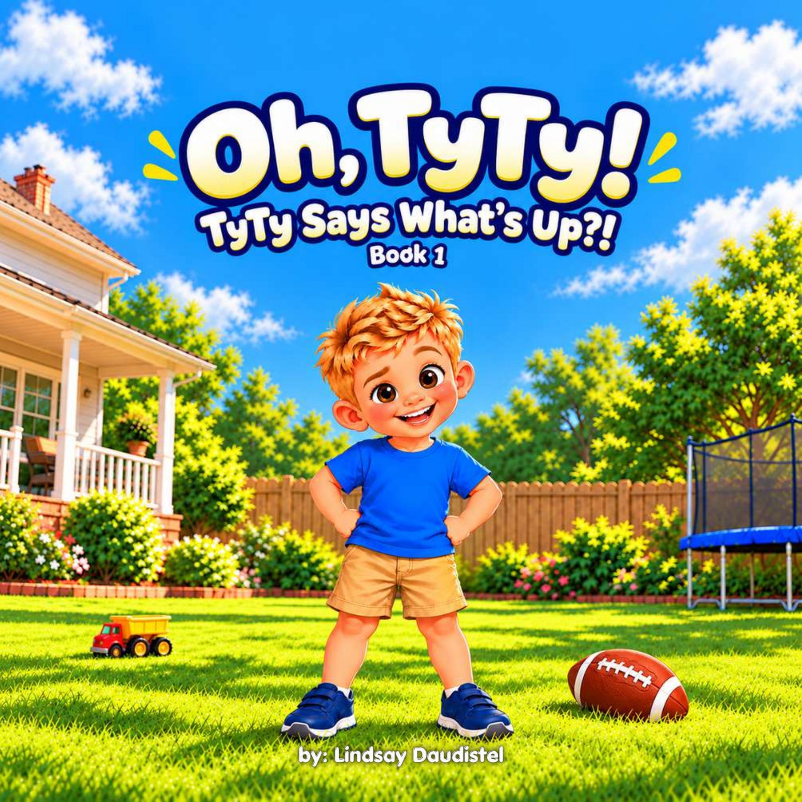 Book 1 cover: Oh, TyTy! TyTy Says What's Up?! with TyTy standing in the yard