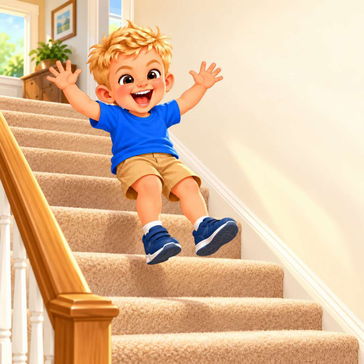 TyTy bouncing down the stairs with both arms in the air