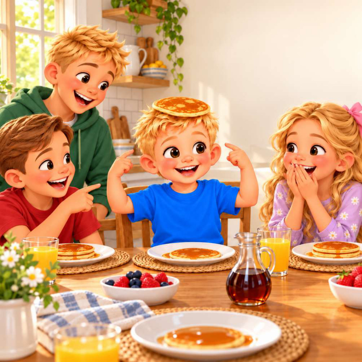 TyTy at the breakfast table wearing a pancake on his head like a hat