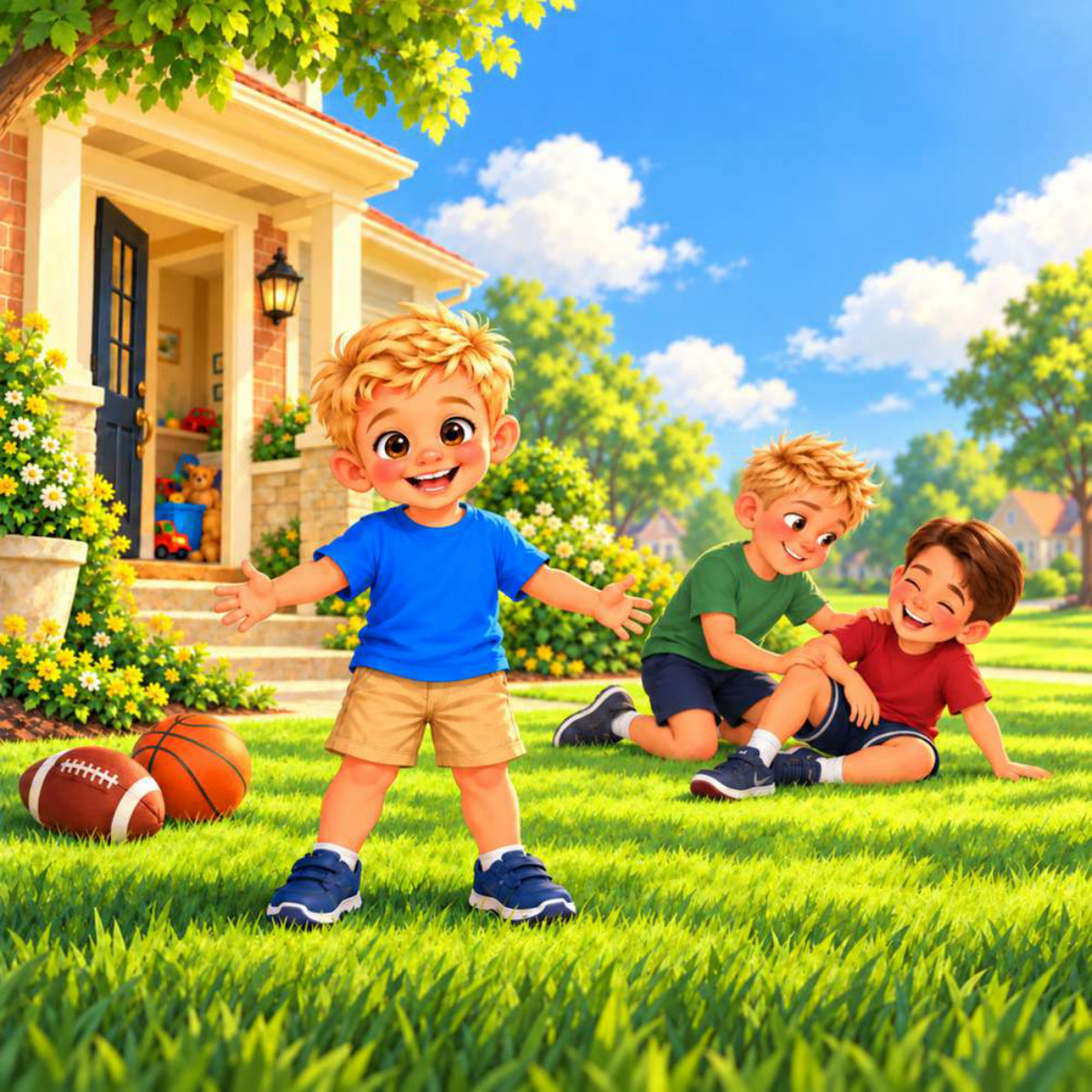 TyTy in the front yard with two of his big brothers and a football