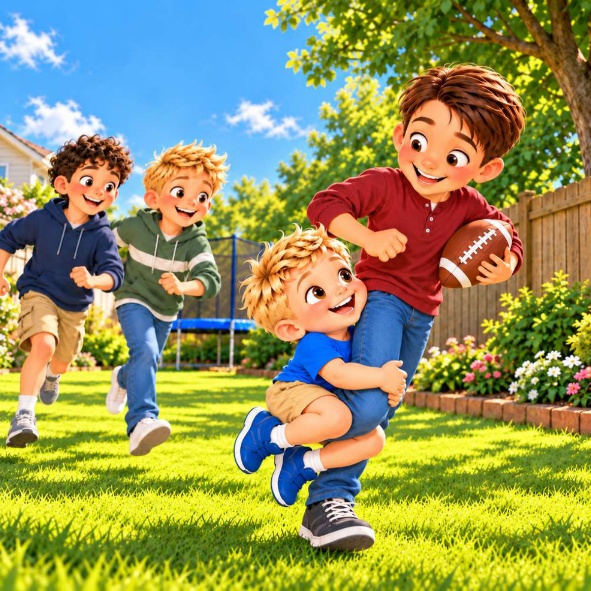 TyTy hanging onto his big brother's leg during a backyard football game