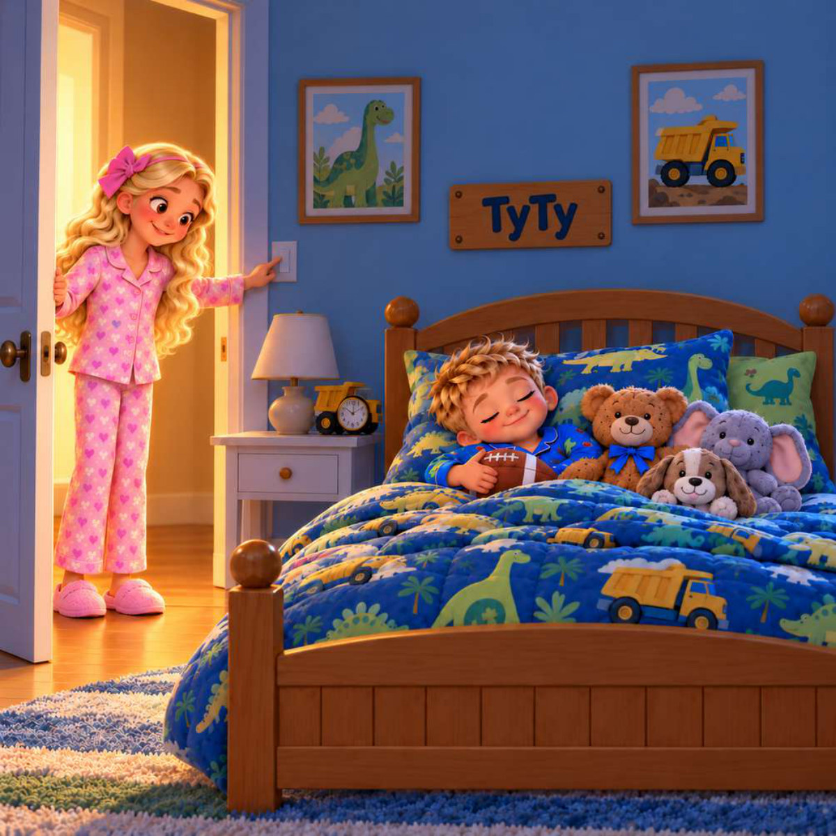 TyTy tucked into bed with his stuffed animals as his sister turns off the light