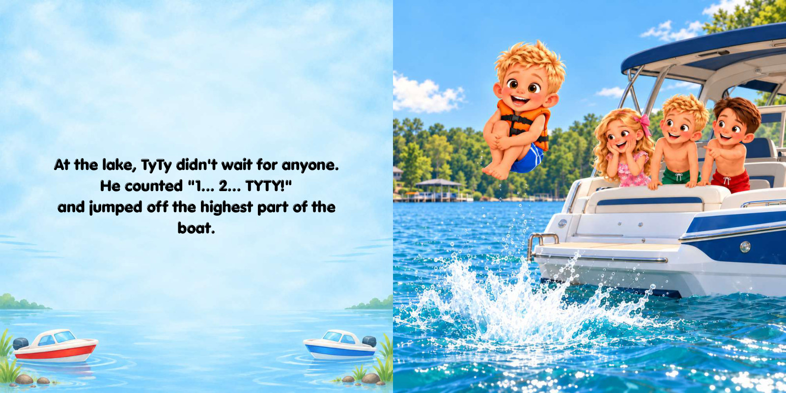 Inside spread: TyTy leaps off the top of the boat into the lake, with the story text beside it